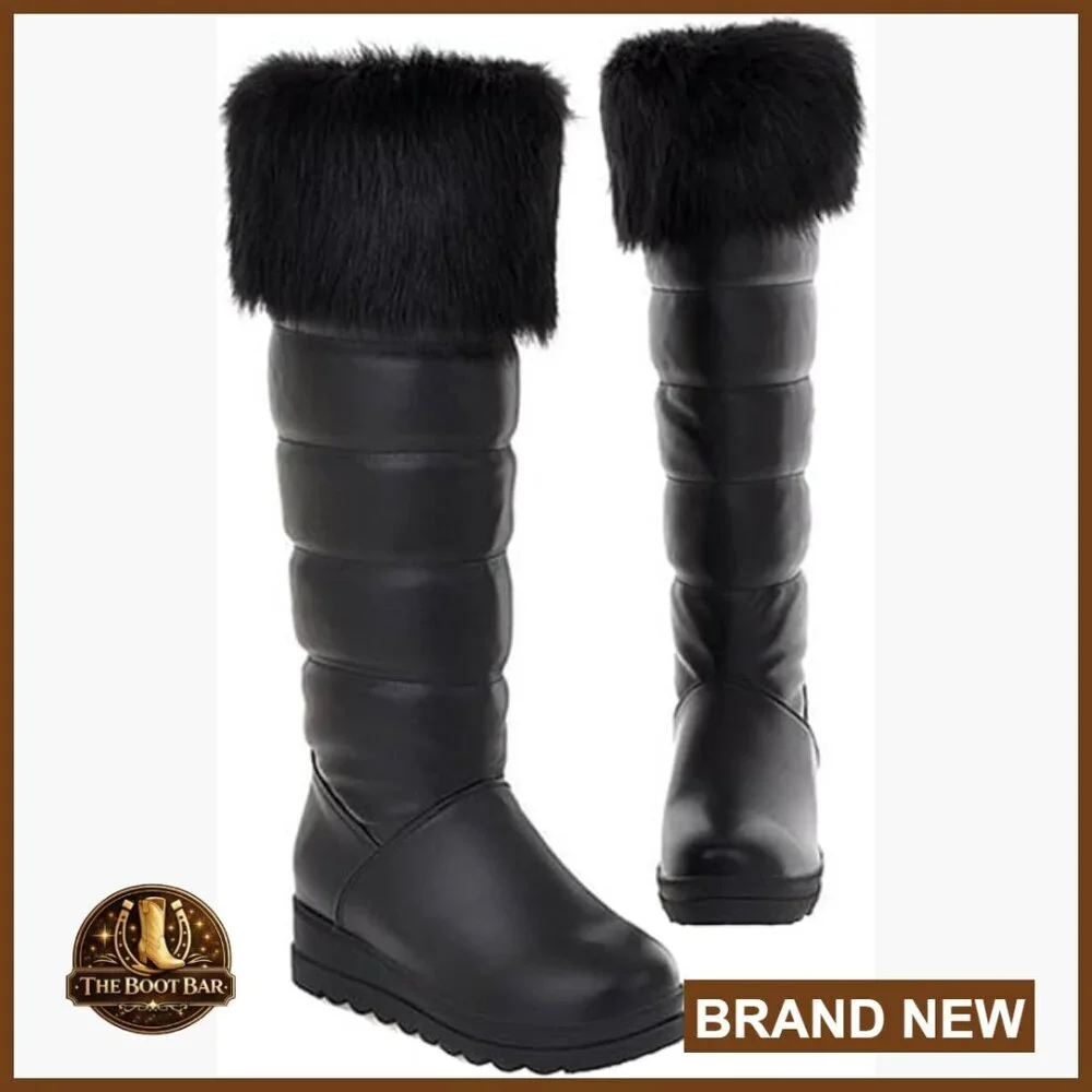 Knee-High Snow Boots Waterproof Platform Pull-On Faux Fur Lined